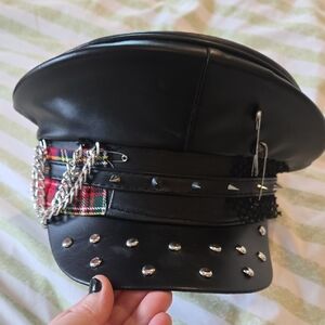 Edgy Black Cap with Silver Studs and Chain Bondage Hat fedora